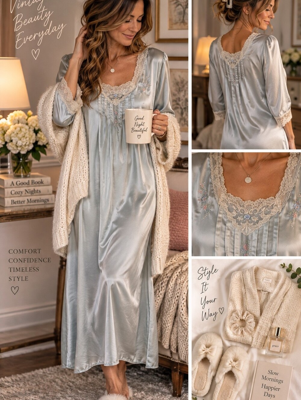 VINTAGE Lace-Trim Satin Nightgown - Silver Blue